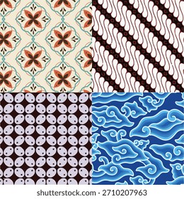 Una colección de Vector de cuatro patrones tradicionales de batik con motivos geométricos florales, Mega Mendung, Kawung y Parang. Cada diseño se crea como un Vector limpio y totalmente editable sin fisuras.