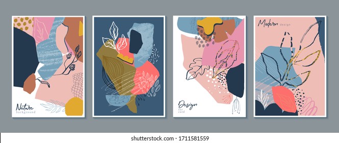 Vector collection of four trendy creative cards with hand drawn floral elements, flowers and palnts and different textures. Collage style. Design for poster, card, invitation, placard, brochure.