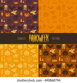 Vector collection of four unique Halloween seamless patterns. Pumpkin, ghost, bat, candy, and other items on Halloween theme. Bright cartoon patterns for Halloween