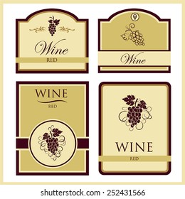 Vector collection of four wine labels with the image of grapes and labeled in yellow and burgundy colors