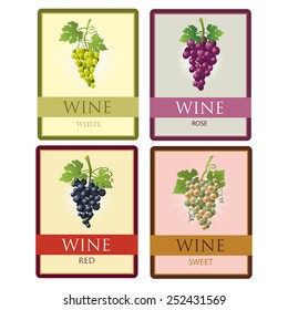 Vector collection of four wine labels with the image of multi-colored grapes and inscriptions