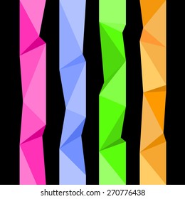Vector collection of four-lane bookmark design templates with modern polygonal background on black background blue green orange pink