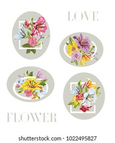 A Vector collection frame of Flower Bouquets on isolated background. Vector Colorful blooming branches. Flower composition for your design Thank You Card, Wedding invitations, Save the Date card