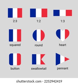 Colección vectorial de banderas francesas en diferentes formas y proporciones. Bandera de Francia de alta calidad