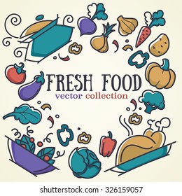 vector collection of fresh food and vegetables images in doodle style