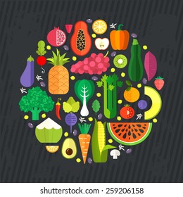 Vector collection of fresh healthy fruits and vegetables made in flat style - each one is isolated for easy use. Healthy lifestyle or diet design element. 