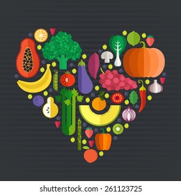 Vector collection of fresh healthy fruits and vegetables made in flat style - each one is isolated for easy use. Healthy lifestyle or diet design element. 
