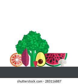 Vector collection of fresh healthy fruits and vegetables made in flat style - each one is isolated for easy use. Healthy lifestyle or diet design element. 