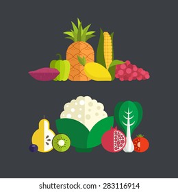 Vector collection of fresh healthy fruits and vegetables made in flat style - each one is isolated for easy use. Healthy lifestyle or diet design element. 