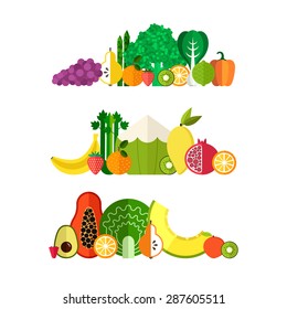 Vector collection of fresh healthy fruits and vegetables made in flat style - each one is isolated for easy use. Healthy lifestyle or diet design element. 