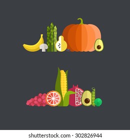 Vector collection of fresh healthy fruits and vegetables made in flat style - each one is isolated for easy use. Healthy lifestyle or diet design element. 