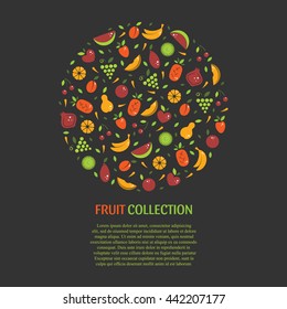 Vector collection of fresh healthy fruits  made in flat style - each one is isolated for easy use. Healthy lifestyle or diet concept with text. Perfect for  menu backdrop, fruit market, juice bar .