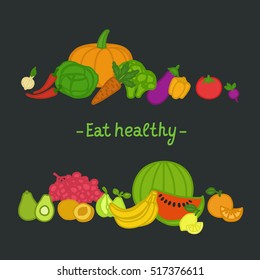 Vector collection of fresh healthy fruits and vegetables made in flat style. Healthy lifestyle or diet design banners.