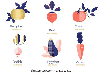 Vector collection of fresh healthy  vegetables made in flat style - each one is isolated for easy use. Healthy lifestyle or diet design element. - Vector 