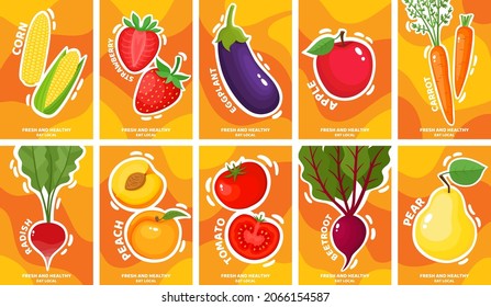 Vector collection of fresh juicy fruit and vegetables poster.