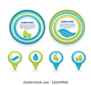 vector collection of fresh leaves and clean water; frames,  stickers and tags