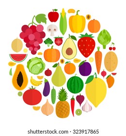 Vector collection of fresh vegetables and fruits flat icons.