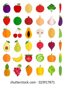 Vector collection of fresh vegetables and fruits flat icons.