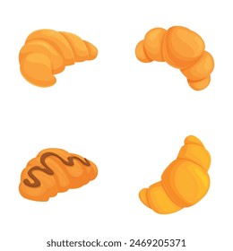Vector collection of freshly baked croissants, including plain, chocolatefilled, and almond