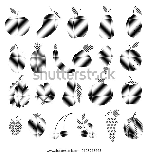 Vector collection of fruit and berries line icon\
on white background. Simple icon set in unique hatching design. 22\
signs of apple, orange, cherry, grape, banana, peach, tropical\
fruits web graphics