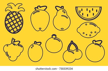 Vector Collection of Fruit Outline Icons on yellow background Flat design Vector Illustration