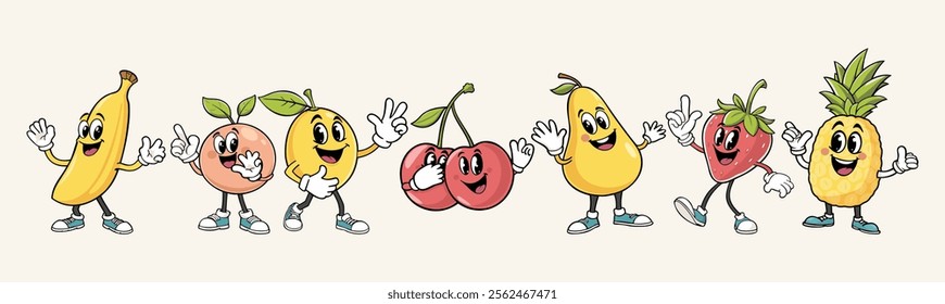 Vector collection of fruits. Groovy retro cartoon style. Banana, peach, lemon, cherries, pear, strawberry and pineapple.