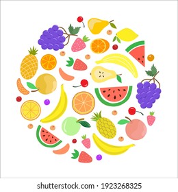 Vector collection of fruits in a round frame. Composition of juicy fruits and berries, banner, poster, postcard. Natural healthy product. Watermelon, banana, pear, strawberry, apple, orange, grapes