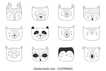 Vector collection of funny animals faces. Adorable objects on background, pastel colors. Valentine's day, anniversary, baby shower, birthday