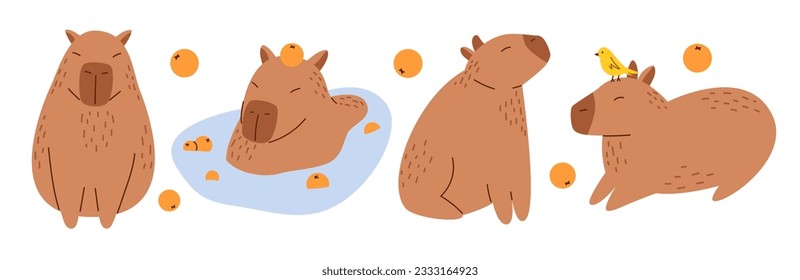 Vector collection of funny capybaras in flat design. Amusing set with capybara characters with oranges. Cute capybaras swimming in water and relaxing. South American adorable animals.