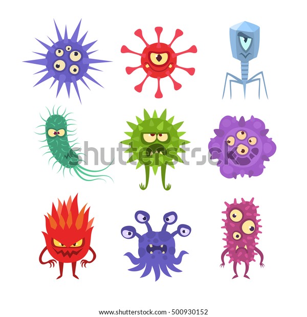 Vector collection of funny cartoon\
viruses, infections and bacteria cells, isolated on\
white.