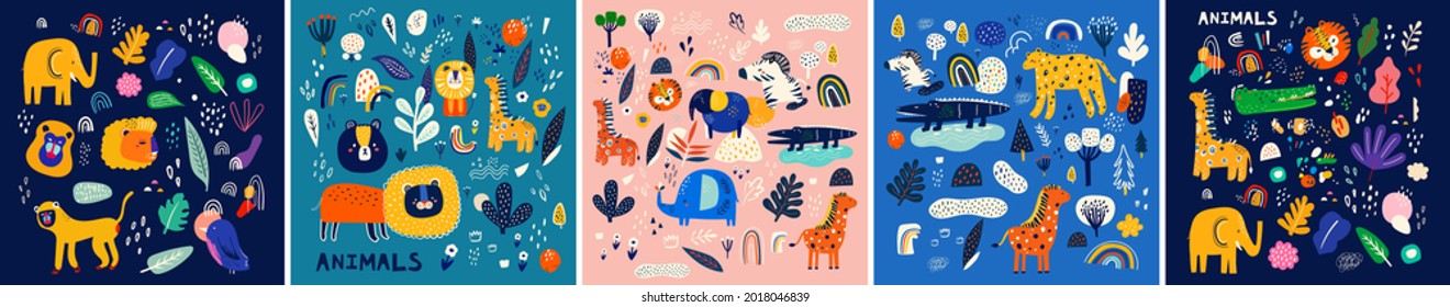 Vector collection with funny cute hand drawing animals. Kids design with lion, crocodile, zebra, giraffe
