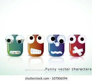 Vector collection of funny, cute and original creature faces expressing different emotions and situations