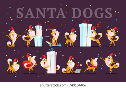 Vector collection of funny dog emoticons in santa hat isolated on dark background. Happy puppy emoji set. Cartoon style. Good for Merry Christmas & New year media design - card, banner, invitation.
