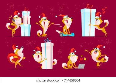 Vector collection of funny dog emoticons in santa hat isolated on red background. Happy puppy emoji set. Cartoon style. Good for Merry Christmas & New year media design - card, banner, invitation.