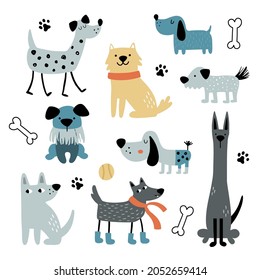 Vector Collection Of Funny Dogs Drawn In Trendy Scandinavian Style, Dog Images Set For Dog Lovers And Owners