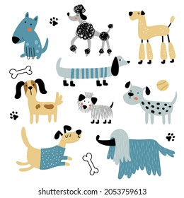 vector collection of funny dogs drawn in trendy scandinavian style, dog images set for dog lovers and owners