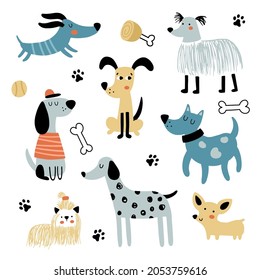 vector collection of funny dogs drawn in trendy scandinavian style, dog images set for dog lovers and owners