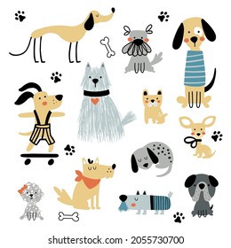 vector collection of funny dogs drawn in trendy scandinavian style, dog images set for dog lovers and owners