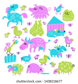 Vector collection of funny doodle farm animals. Illustration of hourse, pig, rabbits, cow, sheep, goat, duck, cock.