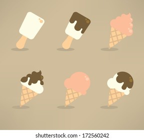 vector collection of funny, flat ice cream on beige background