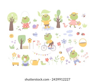 Vector collection with funny frogs, insects, and plants. Cartoon spring illustration.