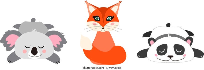 Vector collection of funny, kawaii, cartoon animals. Relaxing or dreaming panda and koala. Cute red fox.