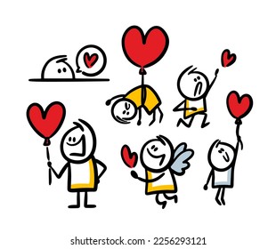 Vector collection of funny love romantic stickmen and big red hearts. Best set of decorative images for greetings cards on Valentines day.