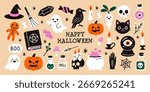 Vector collection of funny and spooky Halloween elements. October creepy cute set of ghosts, pumpkins, skulls, witch hat, black cat, magic book, potions, and other holiday clipart in flat style.