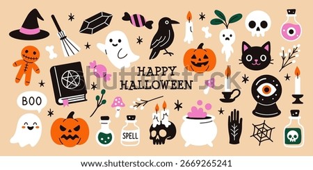 Vector collection of funny and spooky Halloween elements. October creepy cute set of ghosts, pumpkins, skulls, witch hat, black cat, magic book, potions, and other holiday clipart in flat style.