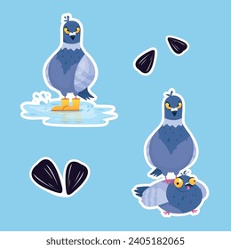 Colección vectorial de pegatinas graciosas con palomas en estilo de caricatura