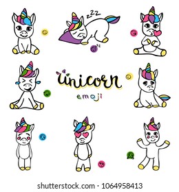 
Vector collection of funny unicorns isolated on white background. Set of emoji smile characters. Fairy facial emotions, expressions. Unicorn's kids for children. Wall stickers templates