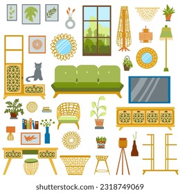 Vector collection with furniture and decorative design elements for a cozy eco-friendly interior in boho style. Cute of illustrations of furniture in a flat doodle style.