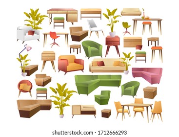 colección vectorial de muebles, mesas sofás para las salas de diseño aisladas en fondo blanco