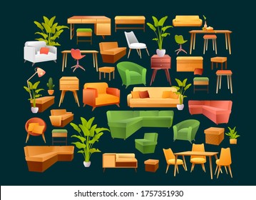 colección vectorial de muebles, mesas sofás para las salas de diseño aisladas en un fondo negro